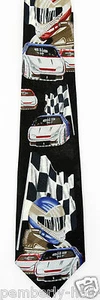 NASCAR Cars Men's Necktie Auto Car Racing Flags Race Driver Black Neck Tie - Picture 1 of 3
