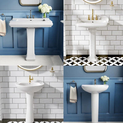 Vintage Style Ceramic Trimmed White Small Pedestal Bathroom Sink with Overflow - Image 1 of 4