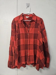 Easel Red Plaid Button Down Shirt With Distressed Hem Size Large! - Picture 1 of 5