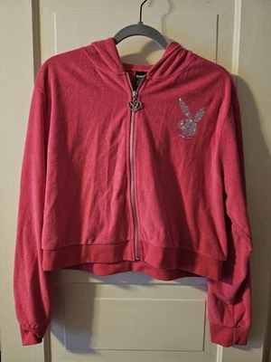 Playboy Bling Rosa Caliente Cremallera Corta Sudadera con Capucha Tela de Terry para Mujer Talla XL Foto 1 de 4