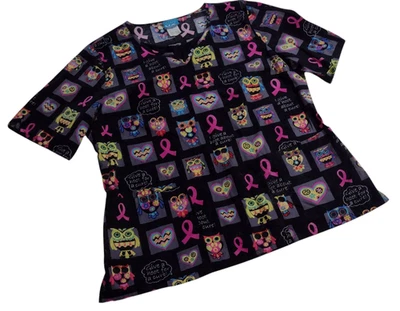 Scrub H.Q. V Neck Cotton Owls and Cancer Cure Print Top Size L - Image 1 of 4