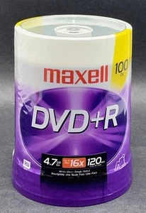 Maxell DVD+R High-Speed Recordable Disc 4.7 GB 16x Spindle Silver 100/Pack NEW - Afbeelding 1 van 3