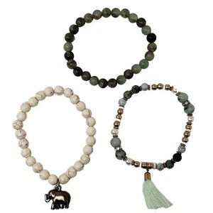 Elephant Charm Tassel Beads Cream Greens Stretch Bracelets Set of 3 - Picture 1 of 11