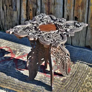 Antique 1890s Ornate Carved Anglo Indian Jubbar Khan Kashmiri Srinigar Table - Picture 1 of 12