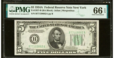 FR. 1957-B 1934-A $5 FRN FEDERAL RESERVE NOTE NEW YORK, NY PMG UNC CU 66 EPQ - Image 1 of 2