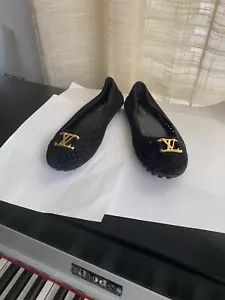 LOUIS VUITTON blACK $1300 BALLET BALLERINA SHOES FLAT 36-6 LEATHER SUEDE GOLD LV - Picture 1 of 10