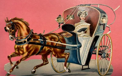 Vintage Die-Cut of woman in horse and carriage Victorian 1800s Foto 1 de 4