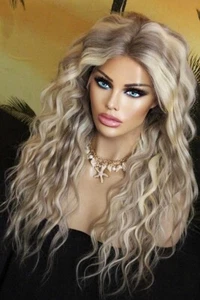 Perücke 100% remy Echthaar Front Lace Wig balayage ombre blond lang wellig netz - Bild 1 von 15
