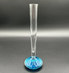 Vintage Hand Blown Art Glass Bud Vase Clear Stem Blue Controlled Bubble Base - Picture 1 of 19