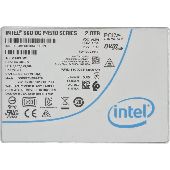 Intel DC P4510 Series 2TB NVME U.2 2.5" SSDPE2KX020T8 Foto 1 de 1