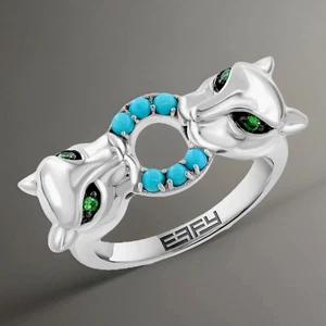 NEW! Effy Sterling Silver Double  Panther Ring W Turquoise Accents /7 / $825 - Picture 1 of 5
