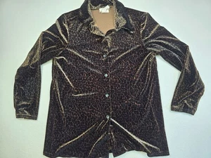 Vintage Leopard Animal Print Velvet Button-Up Shirt Womens L Kathie Lee Tunic - Picture 1 of 5