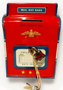 DE COLECCIÓN AÑOS 60 OHIO ARTE METAL LITOGRAFÍA BUZÓN MONEDA BANCO AZUL ROJO ~ CERRADURA Y LLAVES MCM - Imagen 1 de 6