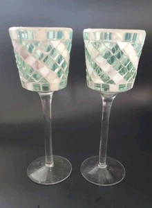 Statuesque Yankee Candle Mosaic Green & Cream Holders Holiday Winter Set 2 - Picture 1 of 11