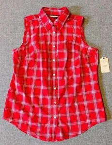 St. John's Bay Women's Small Sleeveless Red Plaid Button Up Shirt NWT - Picture 1 of 4