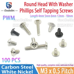 M3 Round Head With Washer Phillips Self Tapping Screws Self-Locking Screws 100PC - Picture 1 of 4
