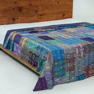 Vintage Patchwork King Size Indian Handmade Kantha Quilt Throw Blanket Bedspread - Picture 1 of 10