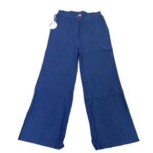 STAUD Women's Navy Pull On Straight Leg Pleated Compact Knit Lupin Pants Medium - Picture 1 of 7