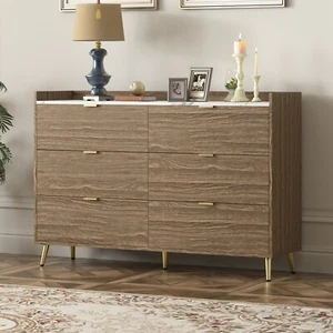 55" Long 6-Drawer Dresser with Marbling Top, Modern Storage Cabinet, Metal Leg - Picture 1 of 12