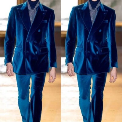 Traje de Terciopelo Para Hombre Moda Azul Doble Pecho Chaqueta con Solapa de Pico Fiesta Foto 1 de 4