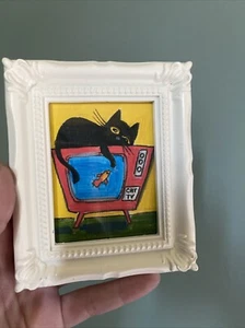 Gato negro 3/4, pintura sobre papel, enmarcado, lindo, divertido, miniatura, - Imagen 1 de 4