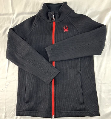 Spyder Jacket Black and Red Logo Waffle Knit Mock Neck Full Zip Boys Size 10/12 - Image 1 of 4