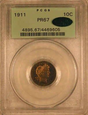 1911 Barber/Liberty Head Dime Certified PCGS PR67 PQ Toned OGH CAC Silver Proof - Image 1 of 4