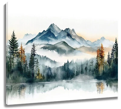 Watercolor Forest Tree Foggy Mountain Canvas Wall Art for Bathroom Living Room - Image 1 of 4
