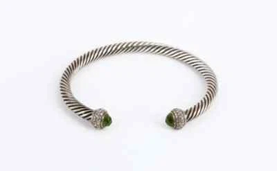 David Yurman Sterling/Diamond Green Peridot 5mm Cable Design Bracelet Cuff 26g - Image 1 of 4