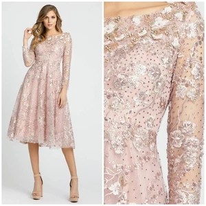 Abito Mac Duggal Rose manica lunga perline floreale taglia 2 $598 67501 linea A tè - Foto 1 di 15