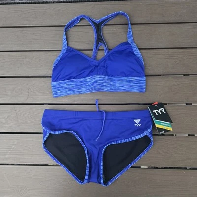 Top de biquíni feminino TYR veludo azul gola V (M) com hipkini correspondente (S) NOVO sem etiqueta - Imagem 1 de 3