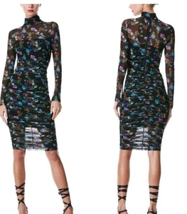 Alice + Olivia Delora Long Sleeve Midi Dress US 6 Floral Ruched Mesh Whimsigoth - Picture 1 of 5