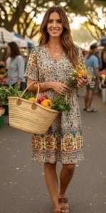 Neu mit Etikett Temofon Damen S Bohemian Erdton Blumen V-Ausschnitt Kurzarm Kleid Indien - Bild 1 von 13