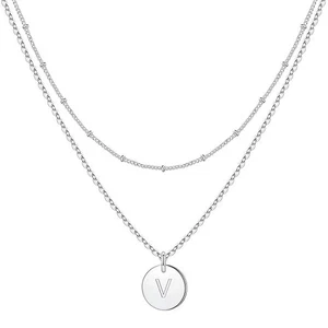 Initial V Necklace Silver 2 x Layered Necklaces Coin Engraved Nickle Lead FREE - Picture 1 of 7