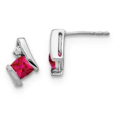 10k White Gold Lab Created Ruby & Diamond Stud Earrings 1.04gm L-9.85 mm for Mom - Image 1 of 3