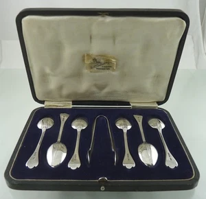 TREFID GEHÄUSE SET MIT 6 DEMITASSENLÖFFELN & 1 ZUCKERZANGE VON HW SHEFFIELD 1919 - Bild 1 von 8