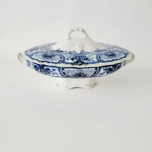 Antique J&G Meakin York Flow Blue Covered Dish Gold Accents Floral Swag England - Picture 1 of 18