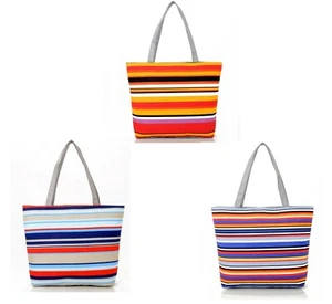 Striped Tote Beach Bags Zippered Closure Lined Interior - Picture 1 of 7
