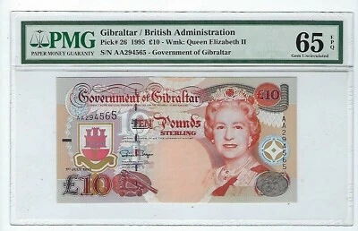 GIBRALTAR 10 POUNDS P# 26 1995 QUEEN ELIZABETH II .  PMG 65 EPQ . - Image 1 of 2