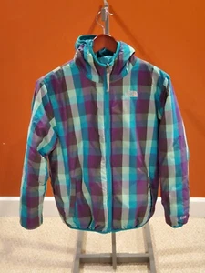 🔥The North Face 550 Girls Size XL (18) Plaid Turquoise Reversible Winter Coat - Picture 1 of 14