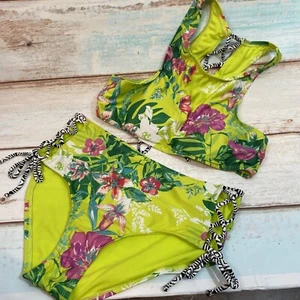 Social Angel LimeGreen Floral 2 Piece High Waist Strappy Sides & High Neck Top M - Picture 1 of 9