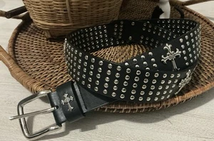 Black Leather Riveted Christian Religious Cross Studded Leather Belt M-35” - Picture 1 of 5