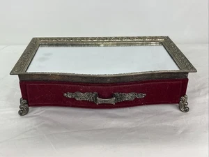 Ancienne boite à bijoux en métal orné tiroir velours miroir vanité - Photo 1/9
