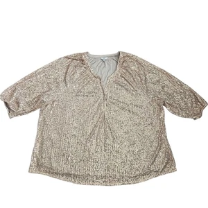 Crown & Ivy Womens Gold Sequin V-Neck Lined Blouse Sz 3X Holiday Formal Party - Picture 1 of 10