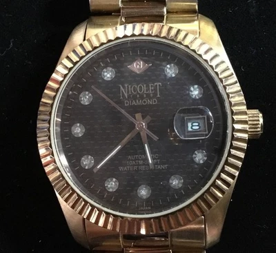 Автоматические золотистые мужские часы NICOLET 1886 с бриллиантами WR 40 мм работают отлично - Изображение 1 из 4