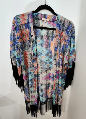 Cárdigan Skies Are Azul Kimono Transparente Boho Azteca Flecos Chal Plumero Pequeño Para Mujer Foto 1 de 4
