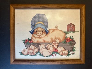 Vintage Cross Stitch Mama Pig Piglets Farm Apples, Red Barn,Completed Framed - Picture 1 of 6