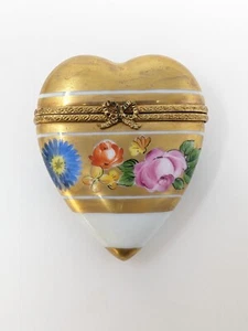 CAJA BARATIJA CORAZÓN LIMOGES PORCELANA FLORAL ORO HARD - Imagen 1 de 6