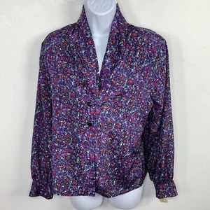 Vintage Anna Kriste Petite Womens Top Sz 10 Purple Floral Long Sleeve Blouse - Picture 1 of 12