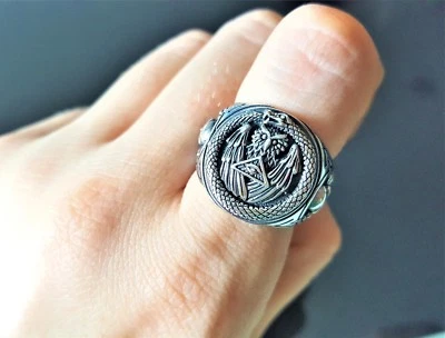 Argento Sterling 925 Ouroboros Anello Teschio Onniveggente Occhio Piramide Mason - Immagine 1 di 4